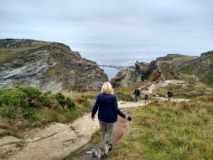 Dog walk along the coastal path at Tintagel in Cornwall