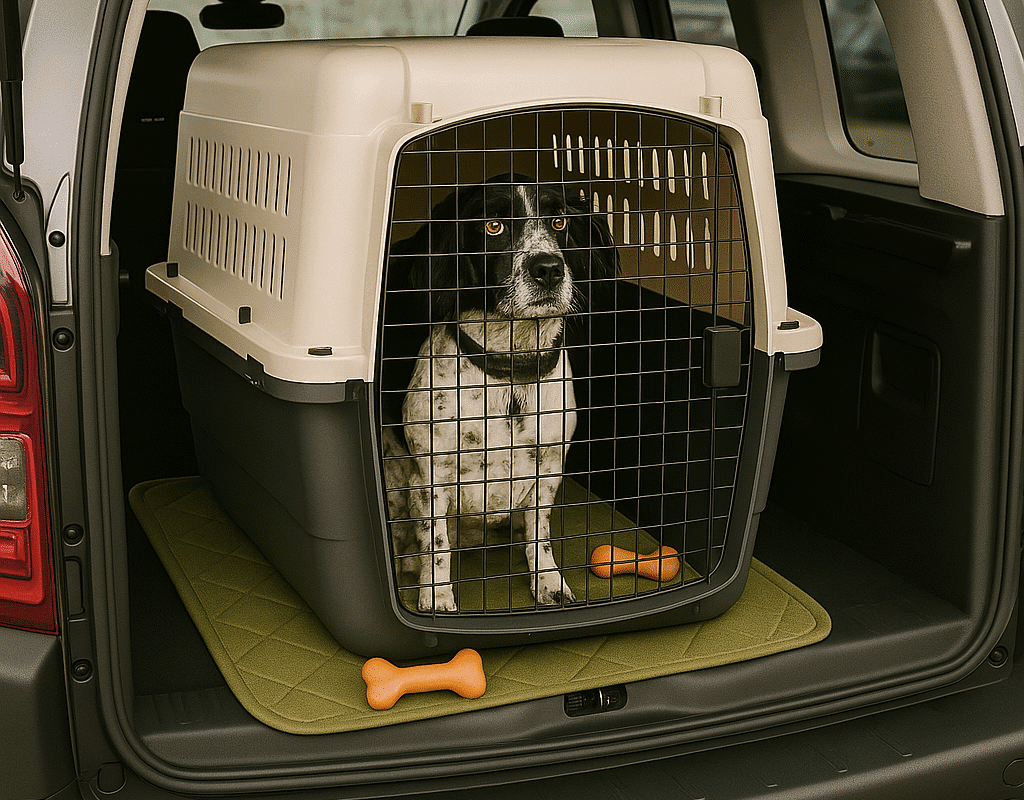 Travel Dog Crate with an Engilish Springer Spaniel in the back of a car.