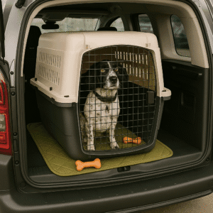 Travel Dog Crate with an Engilish Springer Spaniel in the back of a car.