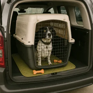 Travel Dog Crate with an Engilish Springer Spaniel in the back of a car.