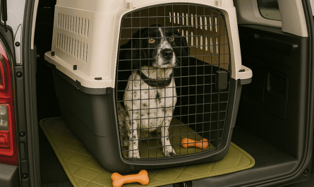 Travel Dog Crate with an Engilish Springer Spaniel in the back of a car.
