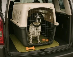 car with a dog in a travel crate.