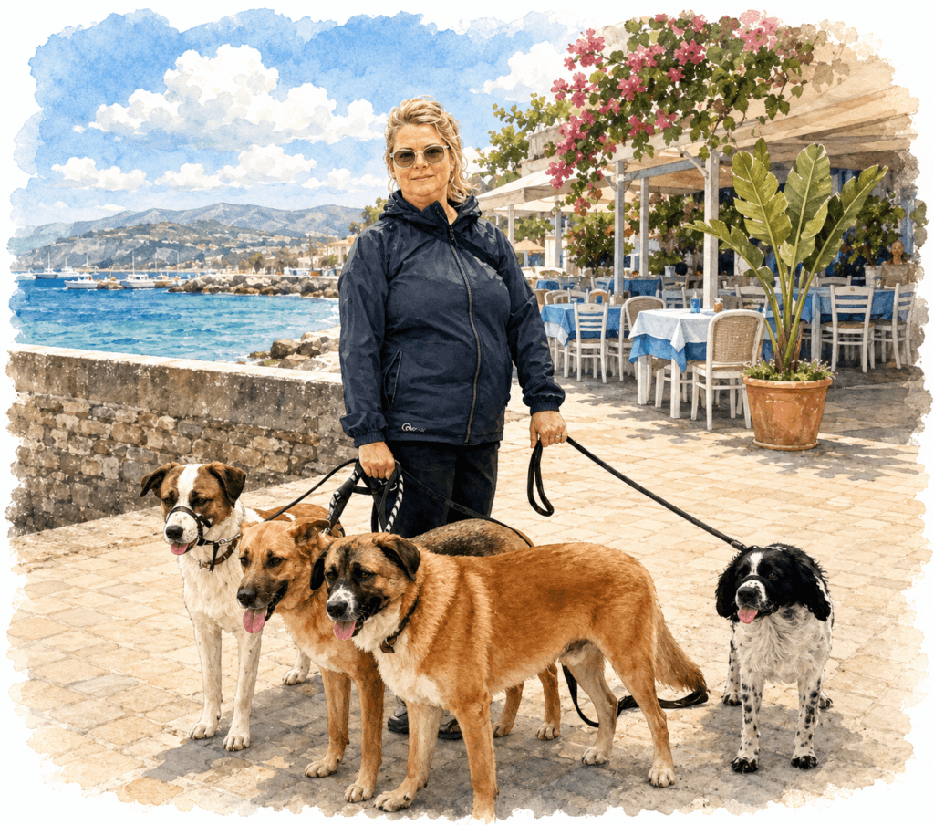 The Fido Trial shop - Claire and her four dogs - clipart.